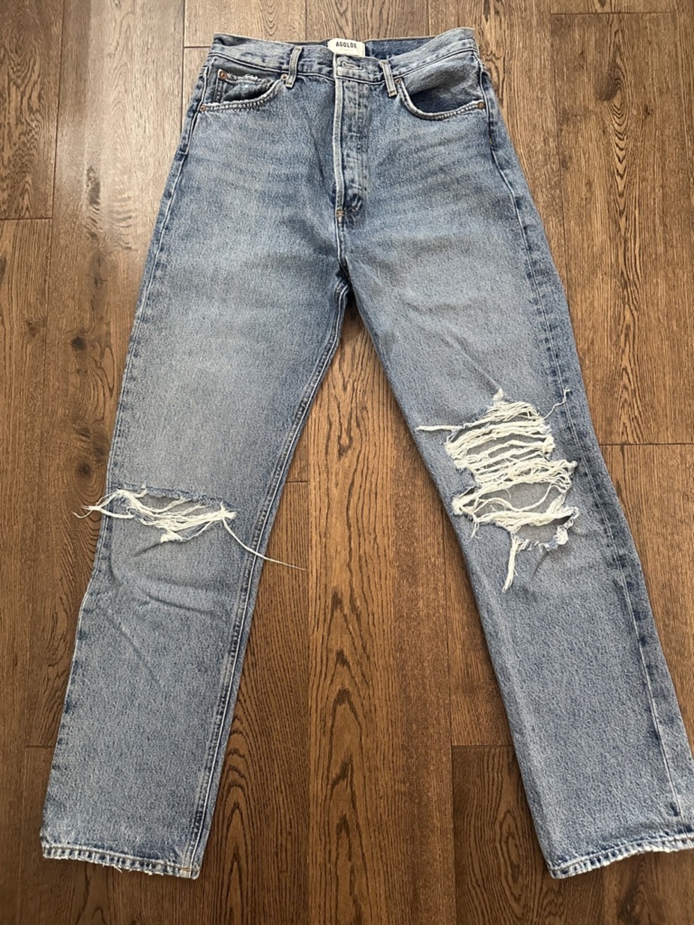 Agolde Light Blue Distressed Straight-Leg Jeans